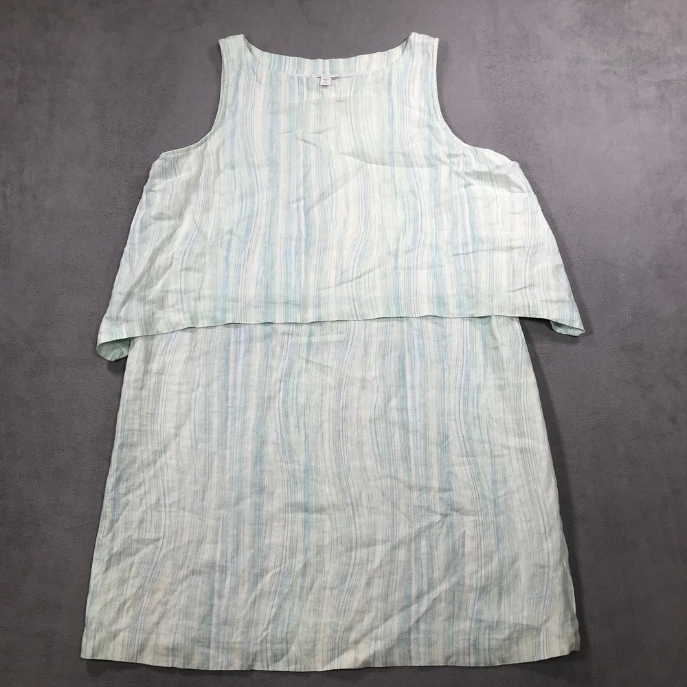 Pure Jill Dress Womens L Petite Blue Green Excellent Linen Cotton Layered Shift